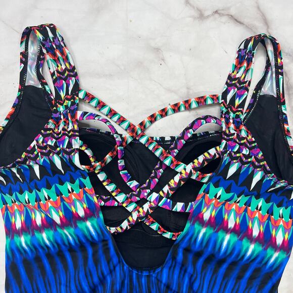 Swim Solutions Striped One Piece Swimsuit Strappy Back Size 12 Blue Slimming New - Picture 5 of 6